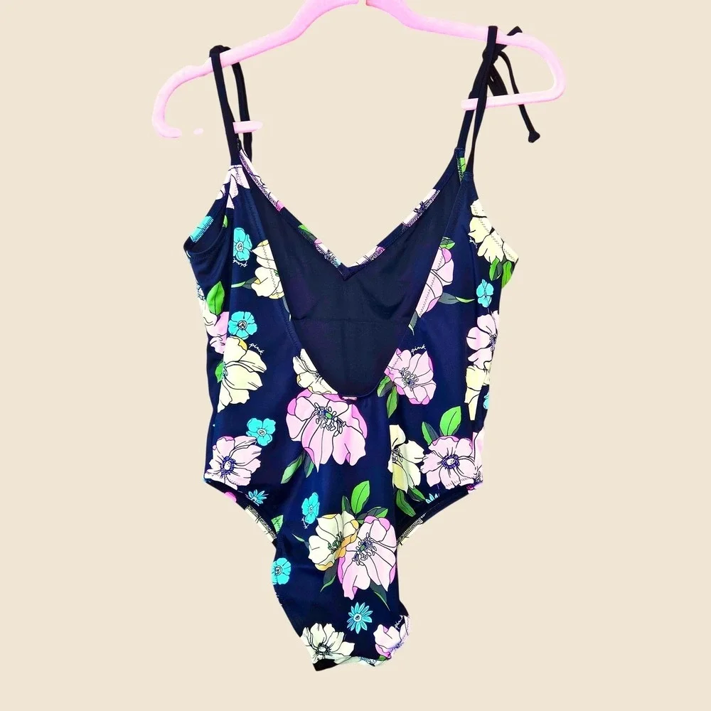 VS PINK One Piece V-neck Swimsuit Sz L Blk Pink Floral Tie Shoulder Modest #766